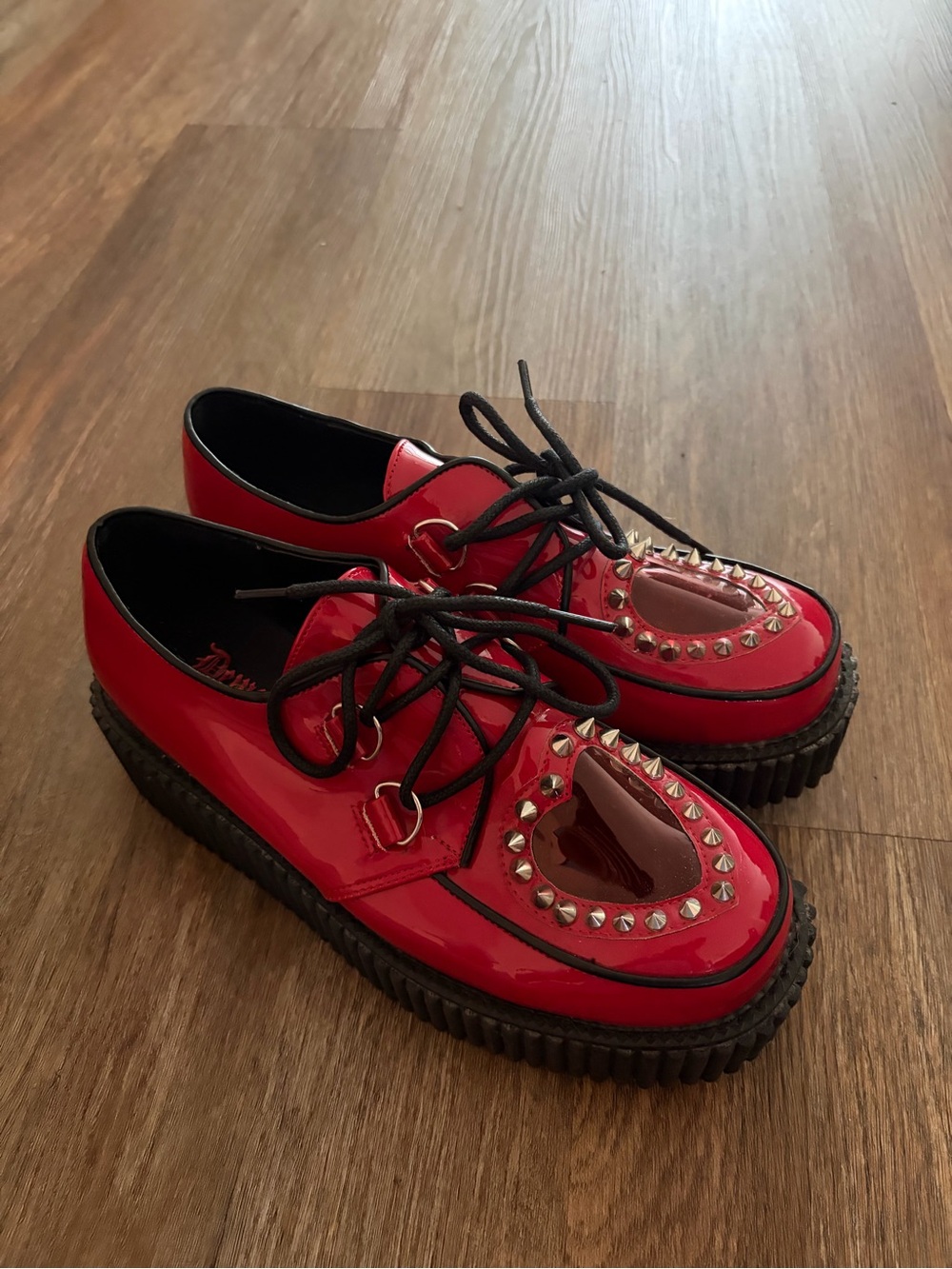 Demonia Red Patent Platform Creepers with Studded Heart Cutouts